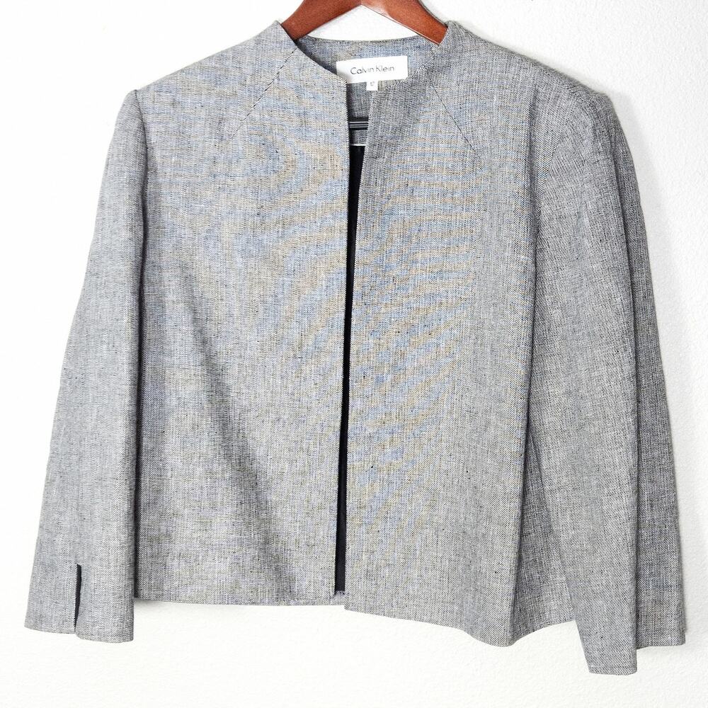 Calvin Klein Linen Cropped Blazer Size 12 Gray Clean Fit Modern Minimalist
